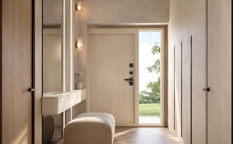 Przedpokój z nowoczesnym oświetleniem, drewnianymi meblami i jasnymi ścianami