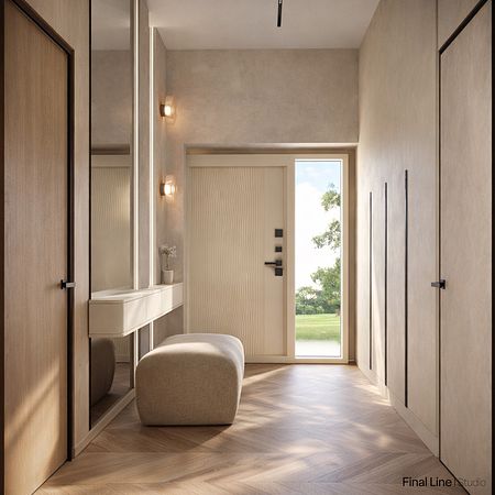 Przedpokój z nowoczesnym oświetleniem, drewnianymi meblami i jasnymi ścianami