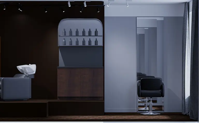 Salon fryzjerski w stylu japandi, minimalistycznym, z drewnianym blatem i nowoczesnymi akcentami.