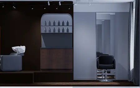 Salon fryzjerski w stylu japandi, minimalistycznym, z drewnianym blatem i nowoczesnymi akcentami.