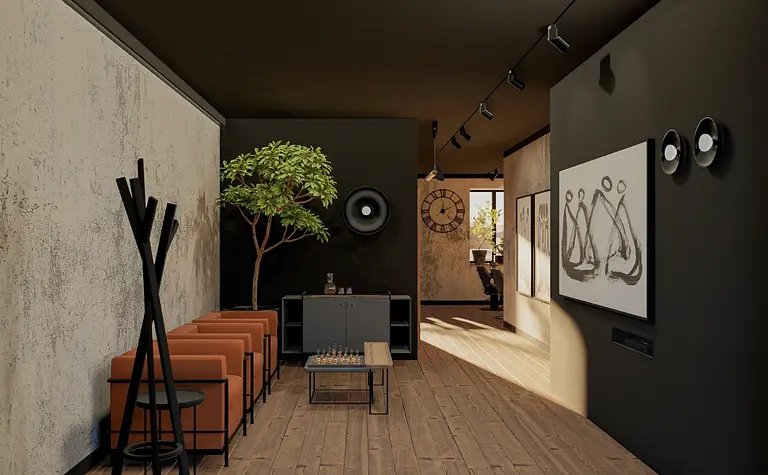 Eklektyczne wnętrze z industrialnymi elementami, minimalistyczne meble i naturalne akcenty.