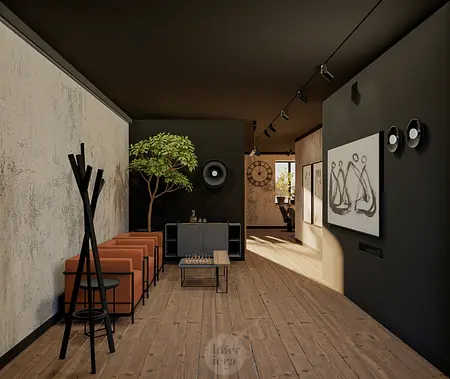 Eklektyczne wnętrze z industrialnymi elementami, minimalistyczne meble i naturalne akcenty.