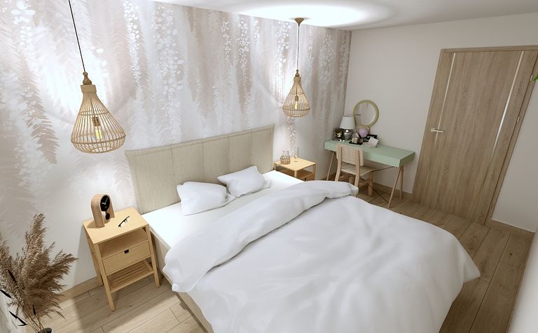 Sypialnia z jasnym łóżkiem, drewnianymi akcentami i roślinami