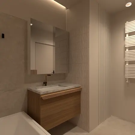 Nowoczesna łazienka z drewnianą szafką i lustrem, minimalistyczny design.