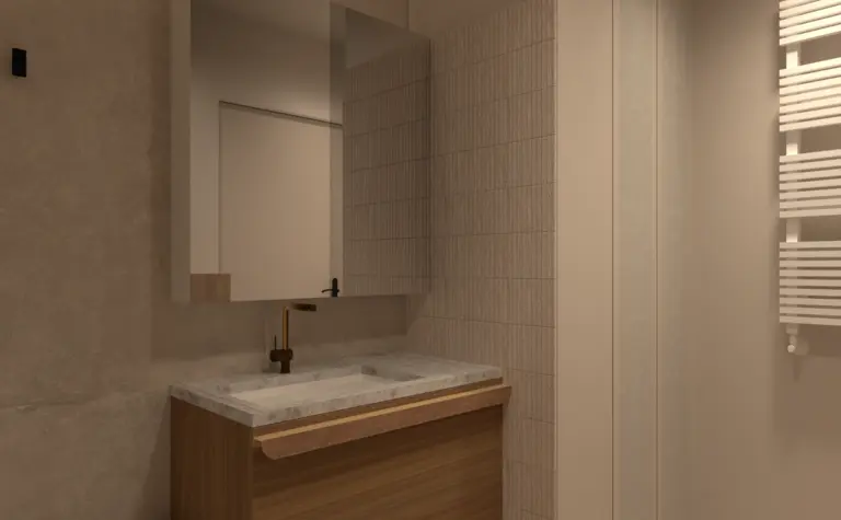 Nowoczesna łazienka z drewnianą szafką i lustrem, minimalistyczny design.