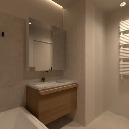 Nowoczesna łazienka z drewnianą szafką i lustrem, minimalistyczny design.
