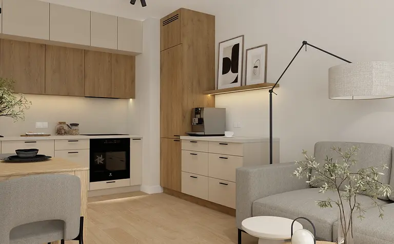 Wnętrze kuchni w stylu japandi i minimalistycznym z beżowymi meblami