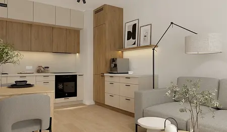 Wnętrze kuchni w stylu japandi i minimalistycznym z beżowymi meblami