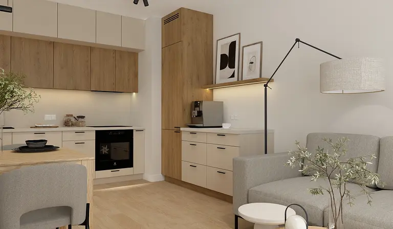 Wnętrze kuchni w stylu japandi i minimalistycznym z beżowymi meblami