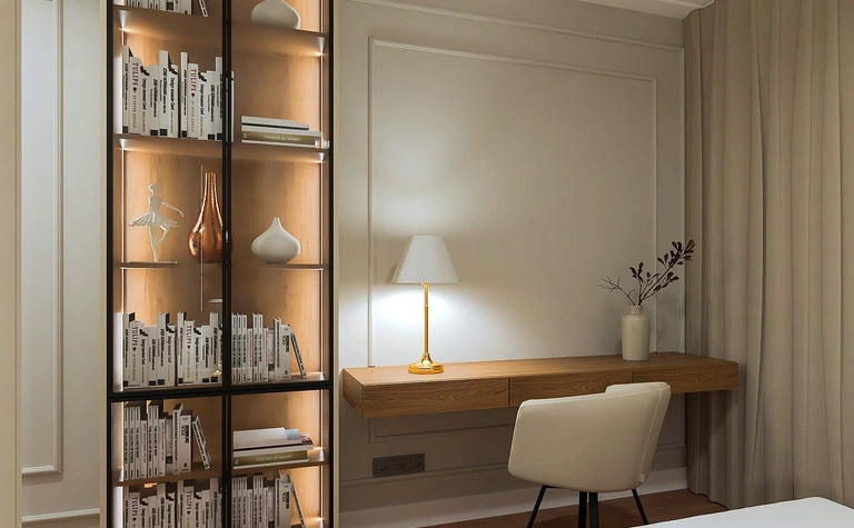 Sypialnia z półką na książki, lampą i drewnianym biurkiem, styl art deco, nowoczesny, quiet luxury.