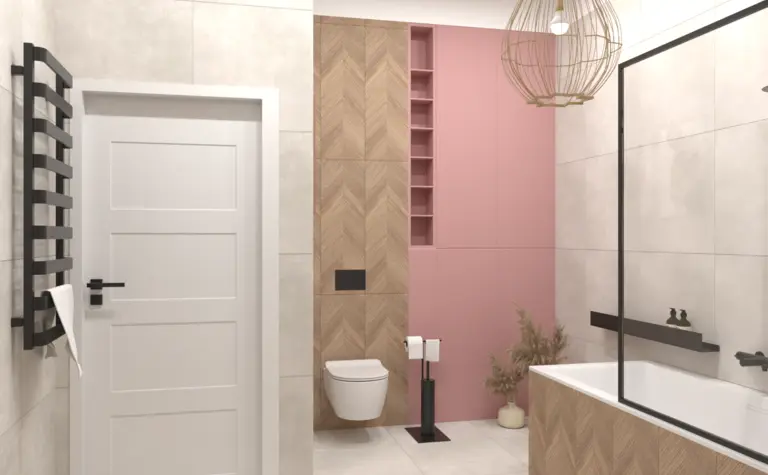 Nowoczesna łazienka z elementami art deco i boho, z drewnianymi i różowymi akcentami.