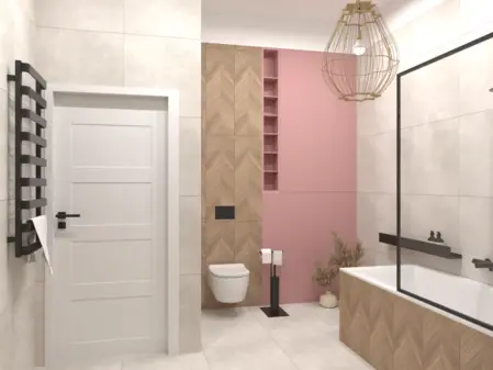 Nowoczesna łazienka z elementami art deco i boho, z drewnianymi i różowymi akcentami.