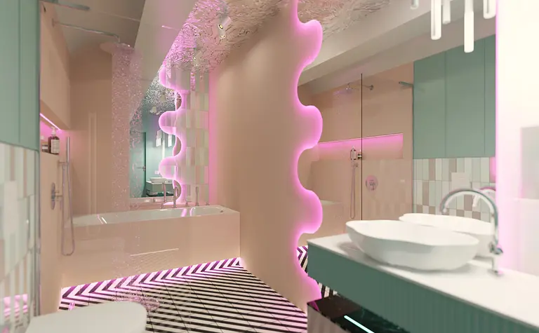 Wnętrze nowoczesnej łazienki z eklektycznymi akcentami, dopamine decor, z zielonymi i różowymi detalami.