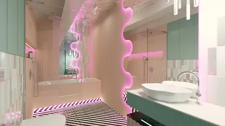 Wnętrze nowoczesnej łazienki z eklektycznymi akcentami, dopamine decor, z zielonymi i różowymi detalami.