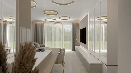 Wnętrze salonu w stylu art deco i glamour z szarymi ścianami i beżowymi meblami.