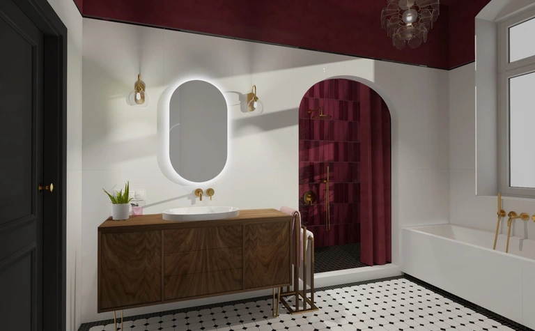 Wnętrze łazienki w stylu art deco, minimalistycznym i vintage z czerwoną ścianą.
