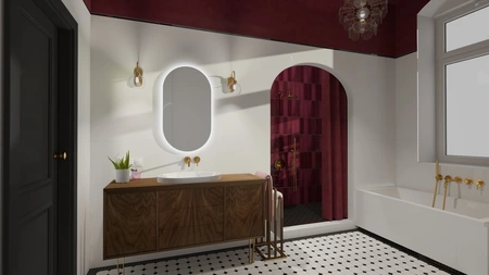 Wnętrze łazienki w stylu art deco, minimalistycznym i vintage z czerwoną ścianą.