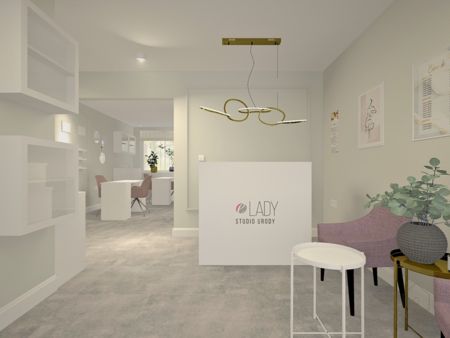 Styl minimalistyczny, soft minimalizm w studio urody z białymi meblami.