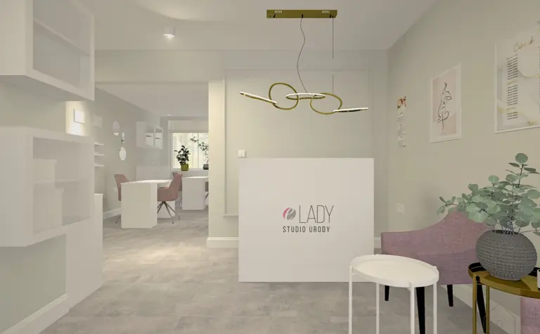 Styl minimalistyczny, soft minimalizm w studio urody z białymi meblami.