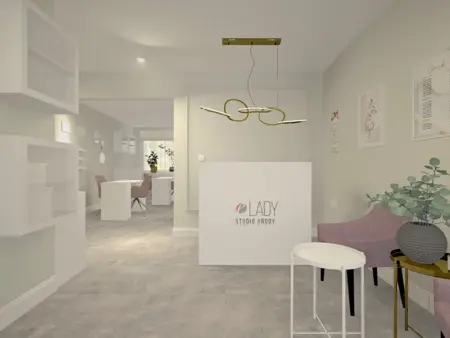 Styl minimalistyczny, soft minimalizm w studio urody z białymi meblami.