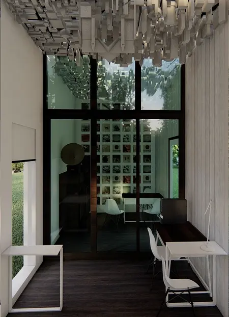 Wnętrze gabinetu w stylu industrialnym z drewnianym biurkiem i dużymi oknami.