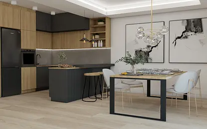 Wnętrze kuchni w stylu industrialnym i minimalistycznym z drewnem i nowoczesnymi meblami.