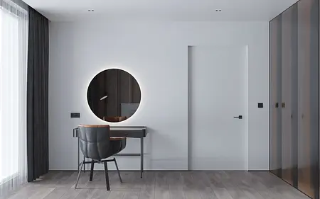 Minimalistyczne wnętrze z biurkiem i okrągłym lustrem
