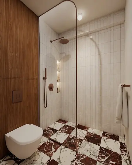 Wnętrze łazienki z podziałem na strefy, art deco i vintage, z marmurową podłogą i drewnem.