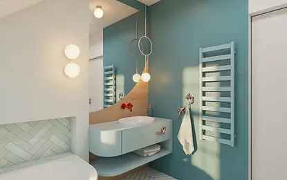 Nowoczesna łazienka z niebieskimi ścianami, drewnianymi meblami i stylowymi lampami, art deco, boho, glamour.