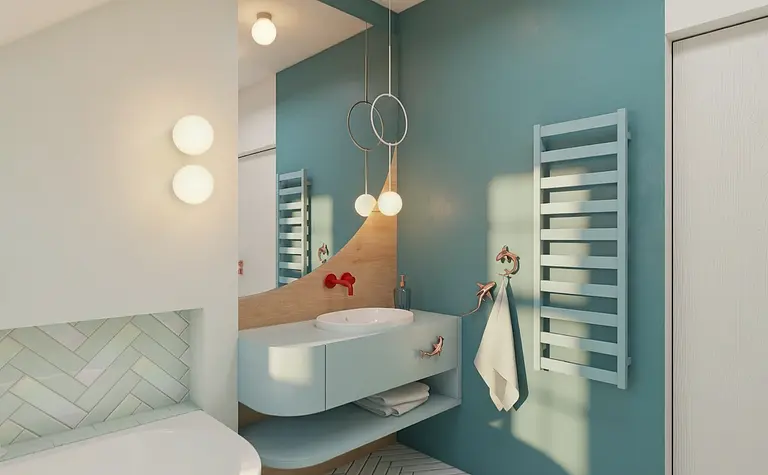 Nowoczesna łazienka z niebieskimi ścianami, drewnianymi meblami i stylowymi lampami, art deco, boho, glamour.