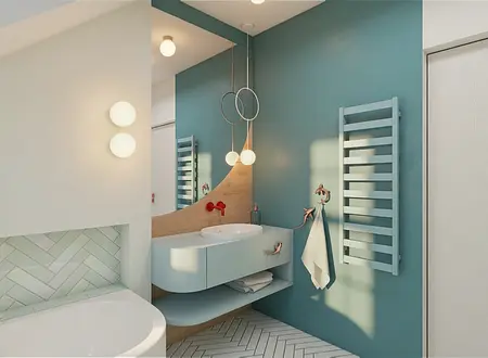 Nowoczesna łazienka z niebieskimi ścianami, drewnianymi meblami i stylowymi lampami, art deco, boho, glamour.