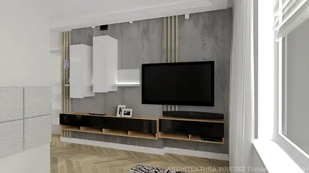 Nowoczesny salon z telewizorem, białymi meblami i drewnianą podłogą.