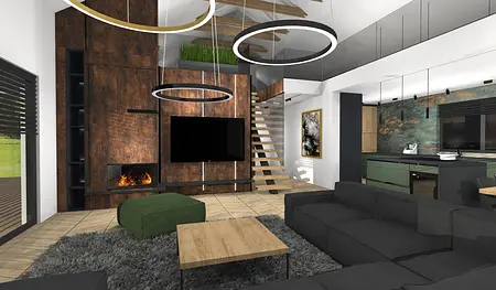 Wnętrze z drewnianą ścianą, nowoczesne oświetlenie i zielonym akcentem w stylu dopamine decor, industrialnym.