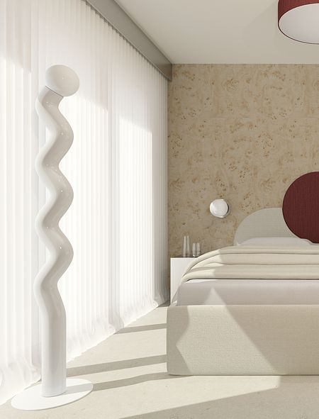 Wnętrze sypialni minimalistycznej z białym łóżkiem, lampą i delikatnymi kolorami ścian.