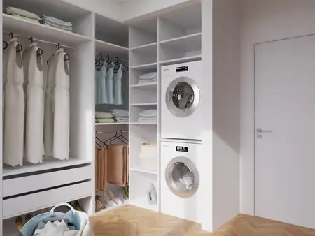 Garderoba w stylu japandi i minimalistycznym z pralką.