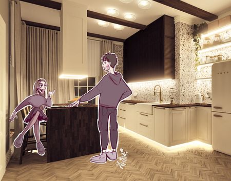 Kuchnia art deco z białymi szafkami, drewnianym blatem i rustykalnym akcentem.