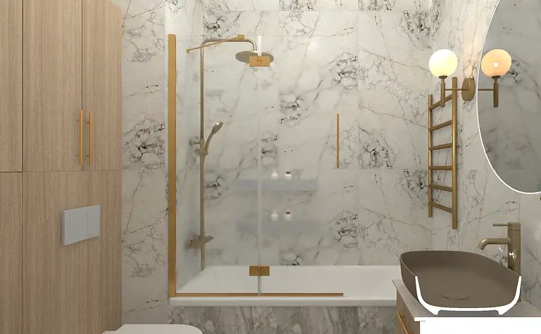 Wnętrze łazienki z marmurowymi płytkami i drewnem, styl eklektyczny.