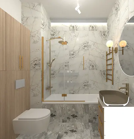 Wnętrze łazienki z marmurowymi płytkami i drewnem, styl eklektyczny.