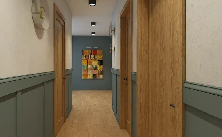 Nowoczesny przedpokój w stylu boho i japandi z drewnianymi akcentami