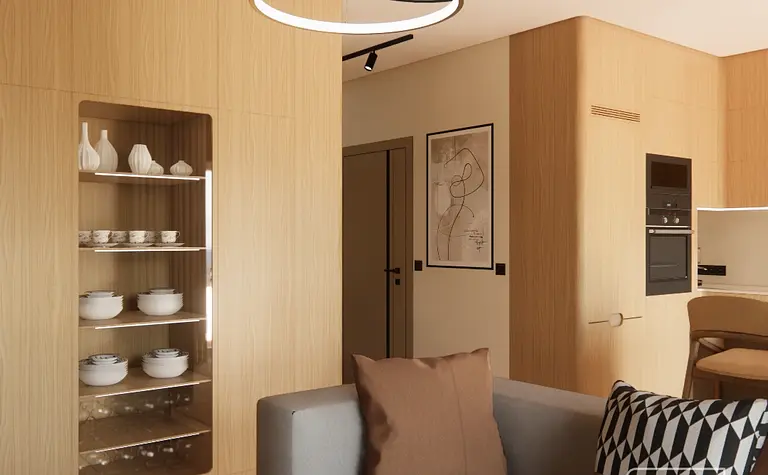 Wnętrze salonu w stylu japandi i minimalistycznym z drewnianymi meblami.