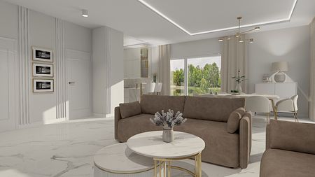 Wnętrze salonu w stylu art deco, glamour, minimaluxe, quiet luxury z brązową sofą i białymi akcentami.