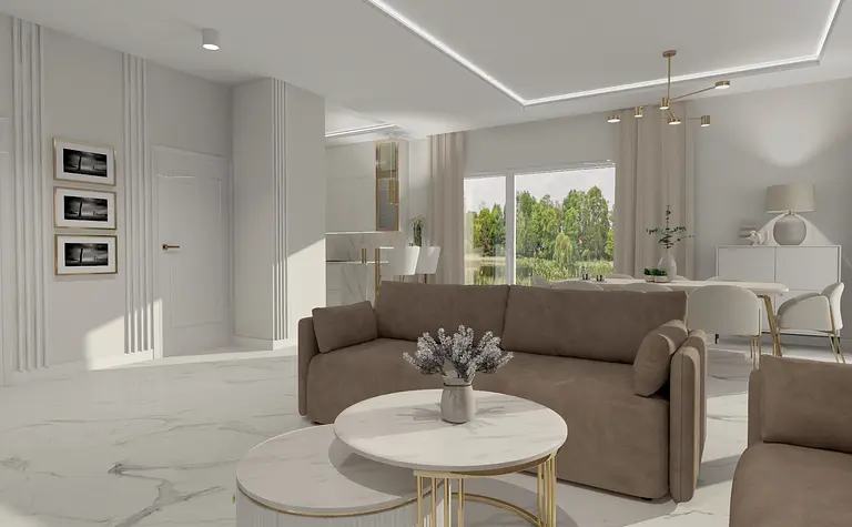 Wnętrze salonu w stylu art deco, glamour, minimaluxe, quiet luxury z brązową sofą i białymi akcentami.