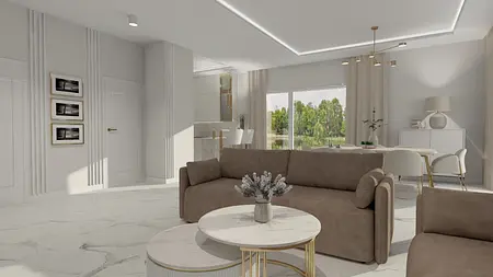 Wnętrze salonu w stylu art deco, glamour, minimaluxe, quiet luxury z brązową sofą i białymi akcentami.