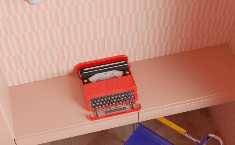 Biuro z czerwonym typografem, niebieskim krzesłem i różowymi ścianami, dopamine decor.