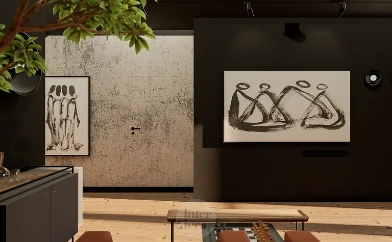 Eklektyczne wnętrze salonu z industrialnymi akcentami, minimalistycznymi meblami i nowoczesnymi obrazami.