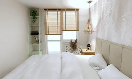 Sypialnia z białym łóżkiem i zieloną półką, współczesne wnętrze