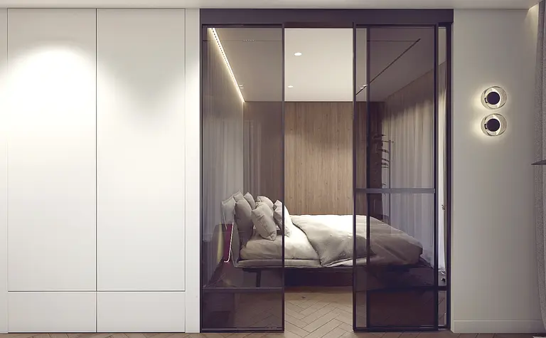 Sypialnia z minimalistycznym designem, nowoczesnymi meblami i drewnianymi detalami.