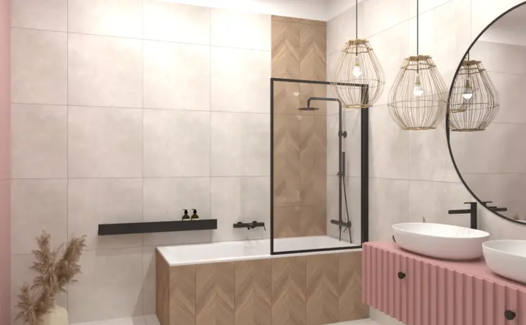 Wnętrze łazienki z elementami art deco, boho, tradycyjnym i współczesnym stylem.