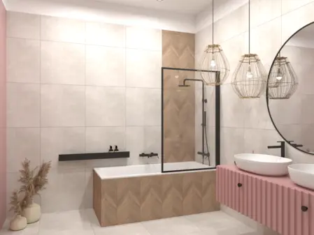 Wnętrze łazienki z elementami art deco, boho, tradycyjnym i współczesnym stylem.