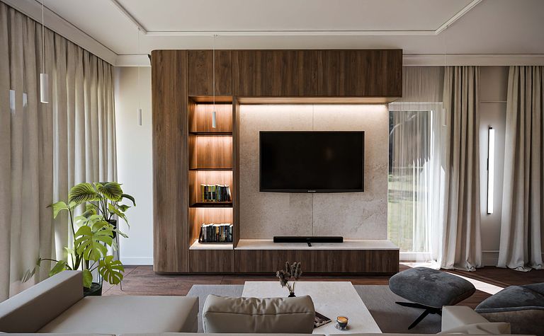 Nowoczesne wnętrze salonu z drewnianymi meblami i szaro-białymi dodatkami.